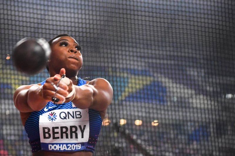 Image of Olympic athlete Gwen Berry preparing to throw in her hammer throw event.